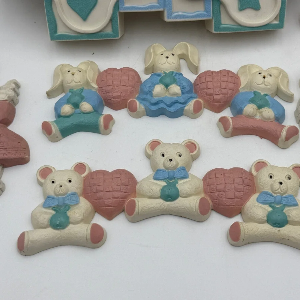 Vintage Nursery Wall Decor Set Teddy Bear Bunny Mirror Shelf Plaques Pastel 6pc